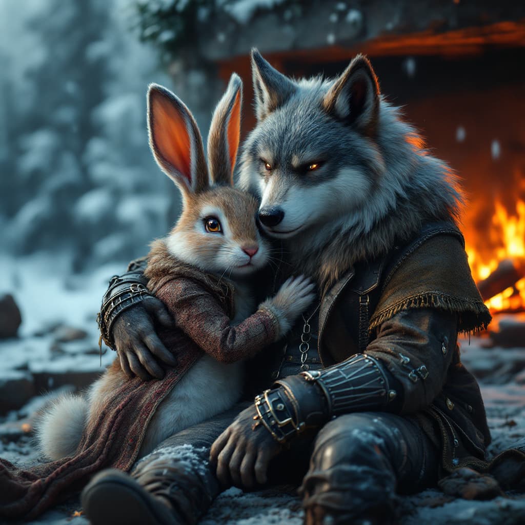 AI generated: bunny and huge wolf in rocker clothes are sitting in an embrace by the fireplace, The background is ...