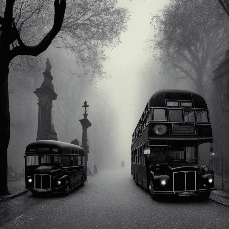 AI generated: beautiful black bus in the street, Victorian Street, Dark Fairytale Aesthetic, intricate details, in...