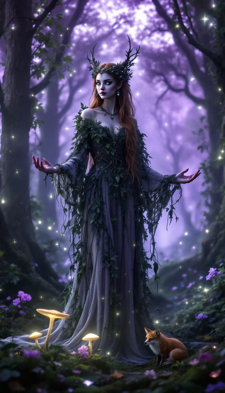 AI generated: An ultra-realistic, full-body depiction of an enigmatic forest spirit woman, emanating an aura of an...