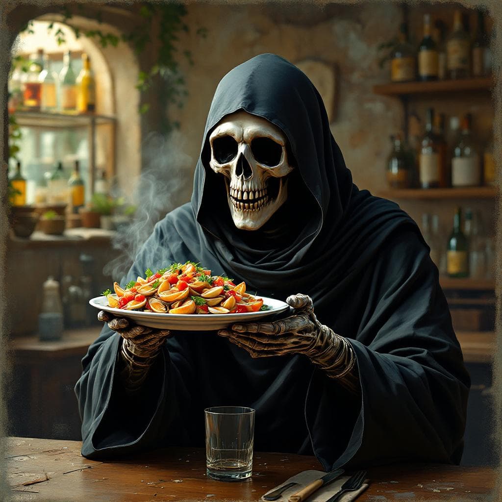 AI generated: Quiero la imagen de la muerte ofreciéndome un plato de almejas recién hecho. La imagen tiene que ser...