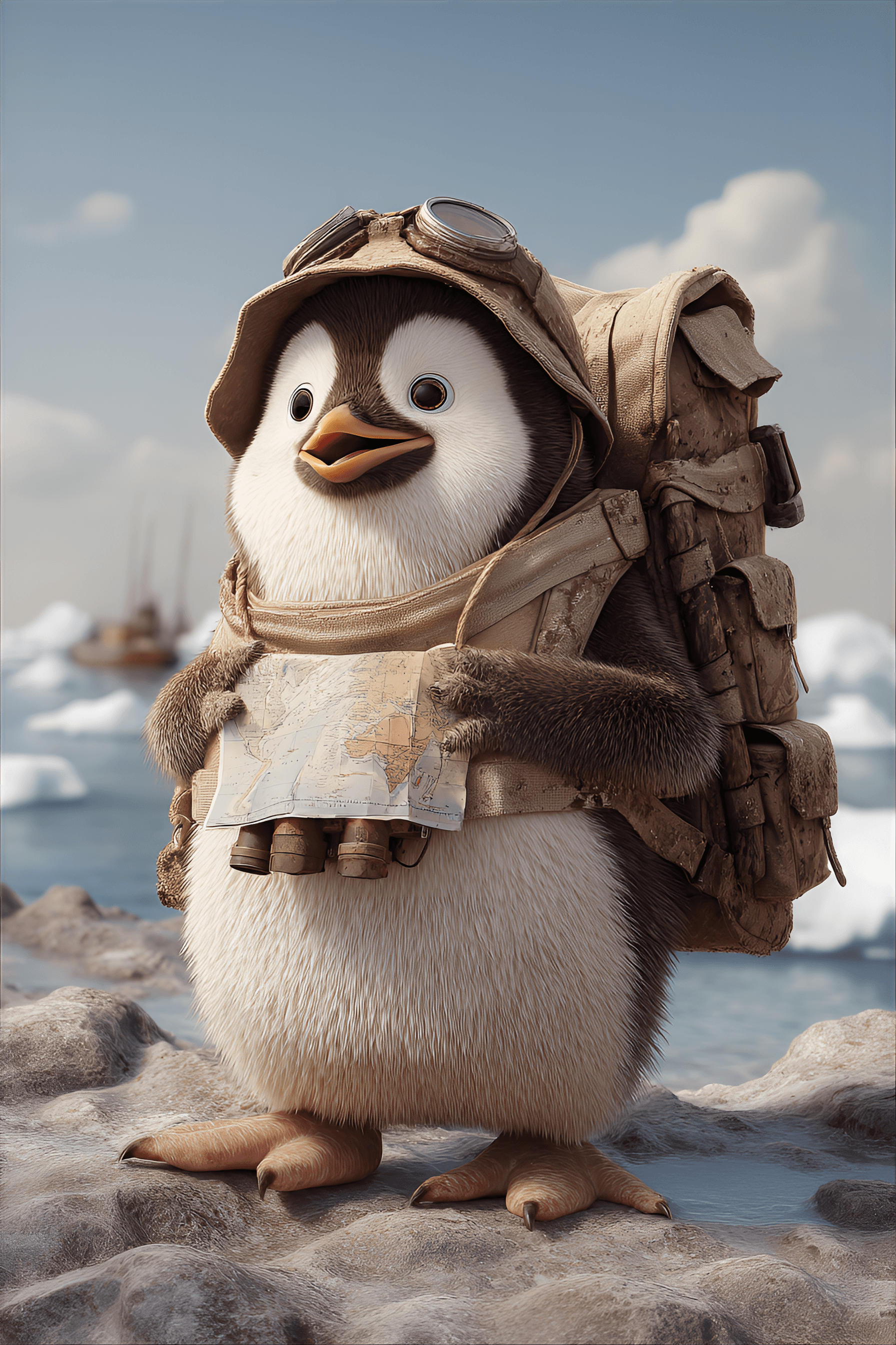 AI generated: funny caricature, adventurous penguin character, male, 35 years old, rotund, determined, explorer, p...