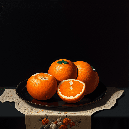 AI generated: A painting of three oranges on a embroidered tablecloth, with a black background, in the style of a ...