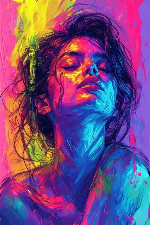 AI generated: (Neon color palette, with bright and fluorescent shades of various colors:2) Portrait of gorgeous wo...