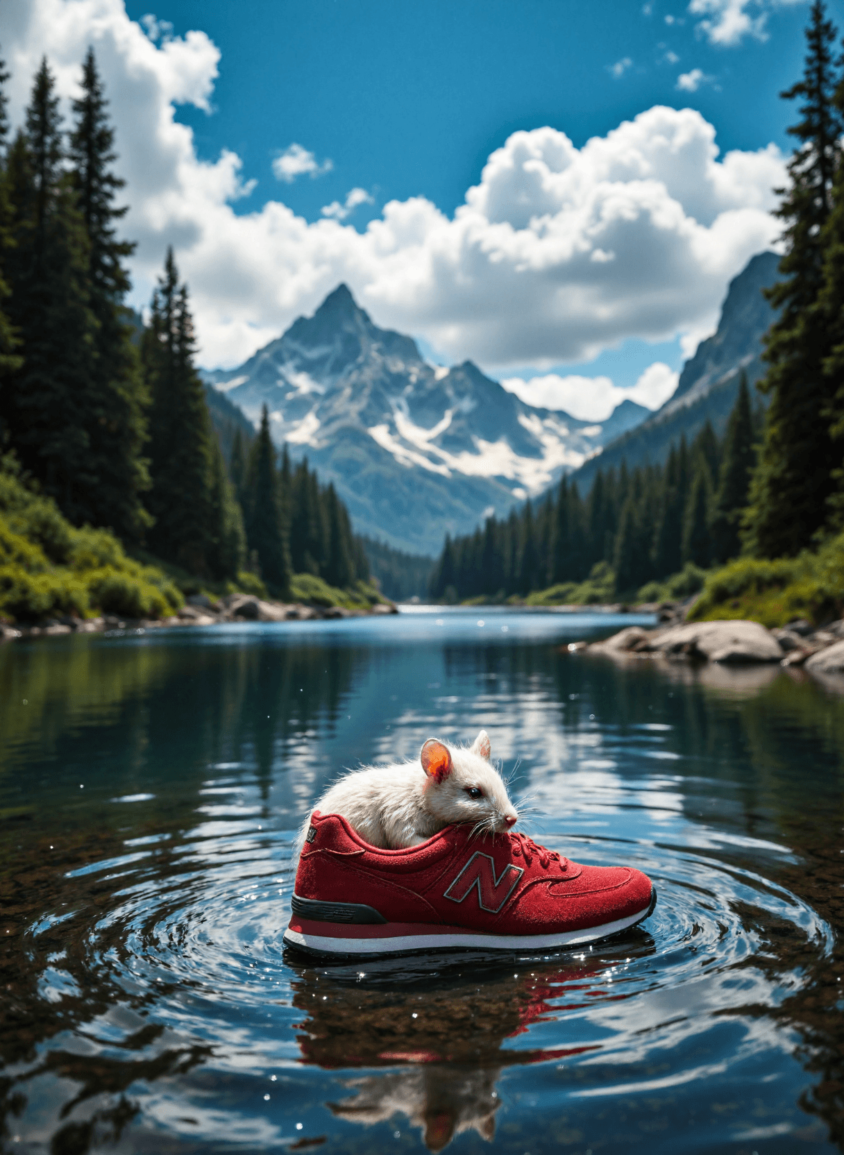 AI generated: The image depicts a whimsical scene set in a serene natural landscape. At the center of the composit...