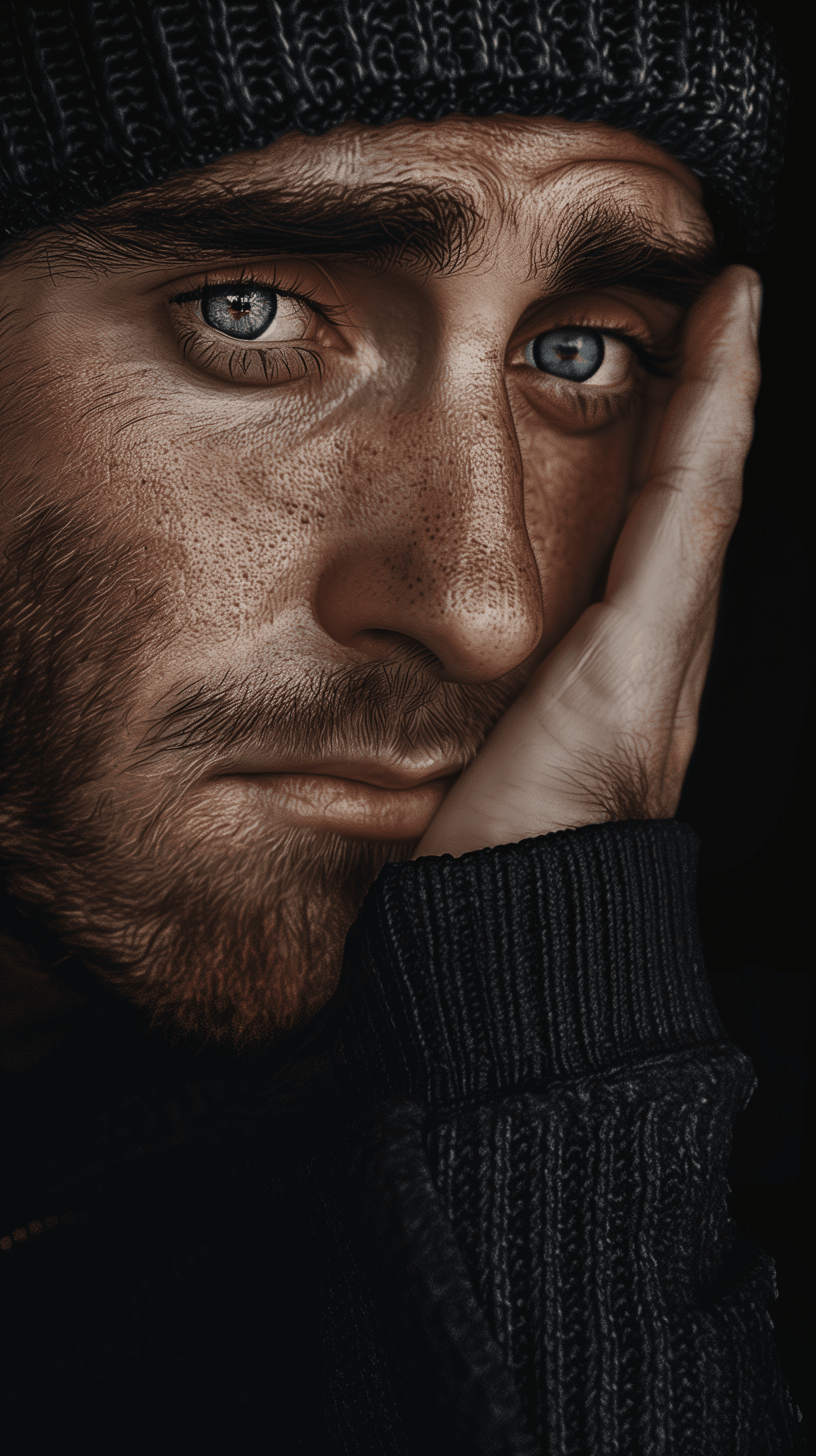 AI generated: image of a man, thoughtful expression, covering half of his face with his hand, black knit cap, blac...