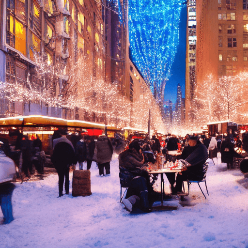 AI generated: People eating and chilling  out in winter on a street of new york city america, tall buildings, ligh...