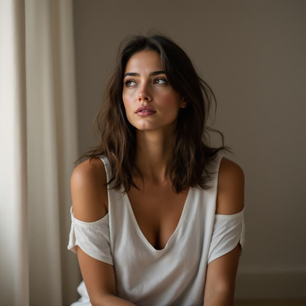 AI generated: This is a photograph of a woman in a moment of quiet contemplation. She is seated on the floor of he...