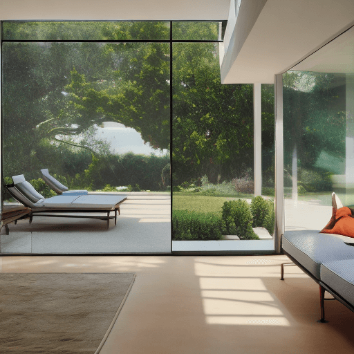 AI generated: Hyper realistic eye level exterior photo of a mid century modern style house overlooking the ocean, ...