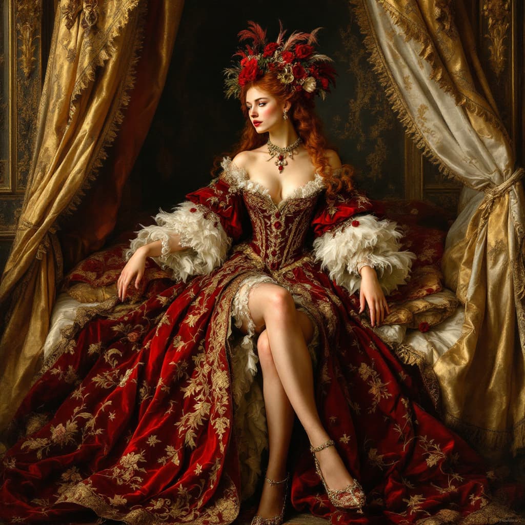 AI generated: Baroque furry feathered full body portrait revealing a crimson velvet corseted gown with gold embroi...