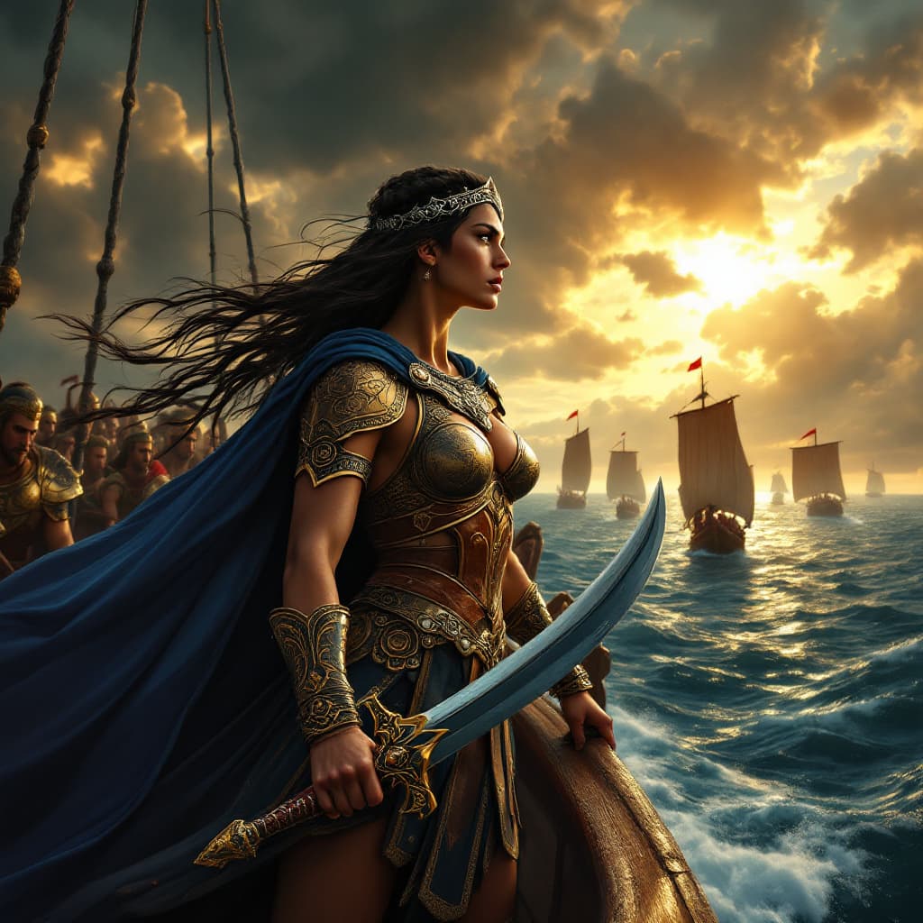AI generated: Prompt: A powerful and determined Queen Teuta of Illyria stands at the prow of her warship, sailing ...