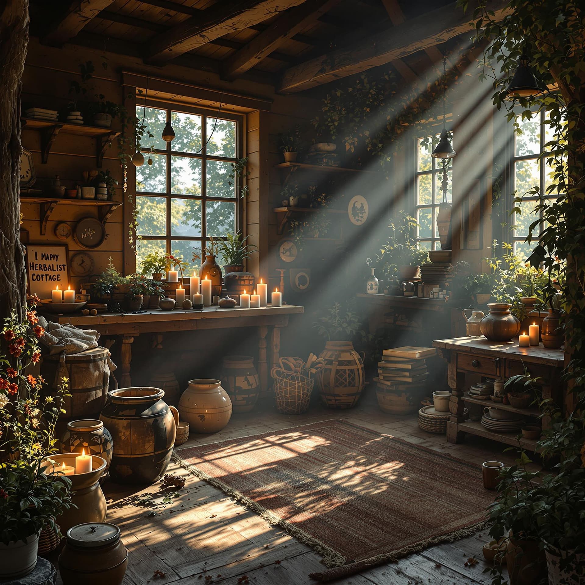 AI generated: interior view of an herbalist cottage, waxy candles, wood furnishings, light bloom, dust, ambient oc...