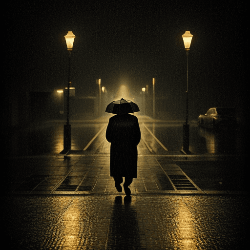 AI generated: An old man walking home in the dark alone in the storming rain. Streetlights set the soft golden ton...