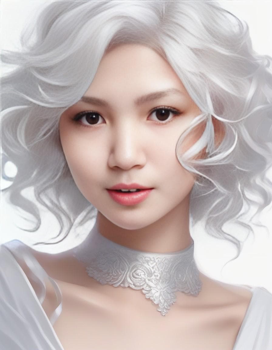 AI generated: White hair, silver eyes, Asian girl with wavy shoulder-length white curly hair, gorgeous appearance,...