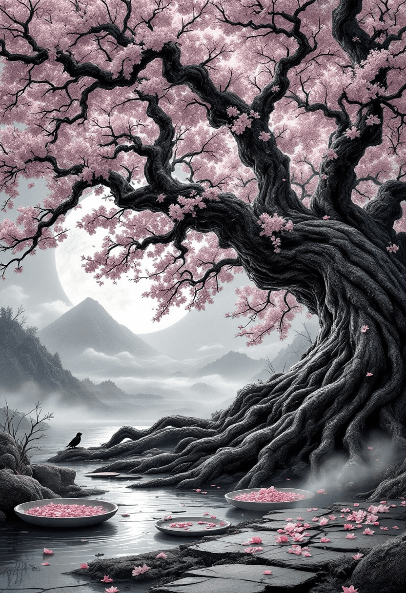AI generated: An ancient, gnarled sakura tree with twisted trunk (hyper-detailed bark: deep grooves, lichen patche...