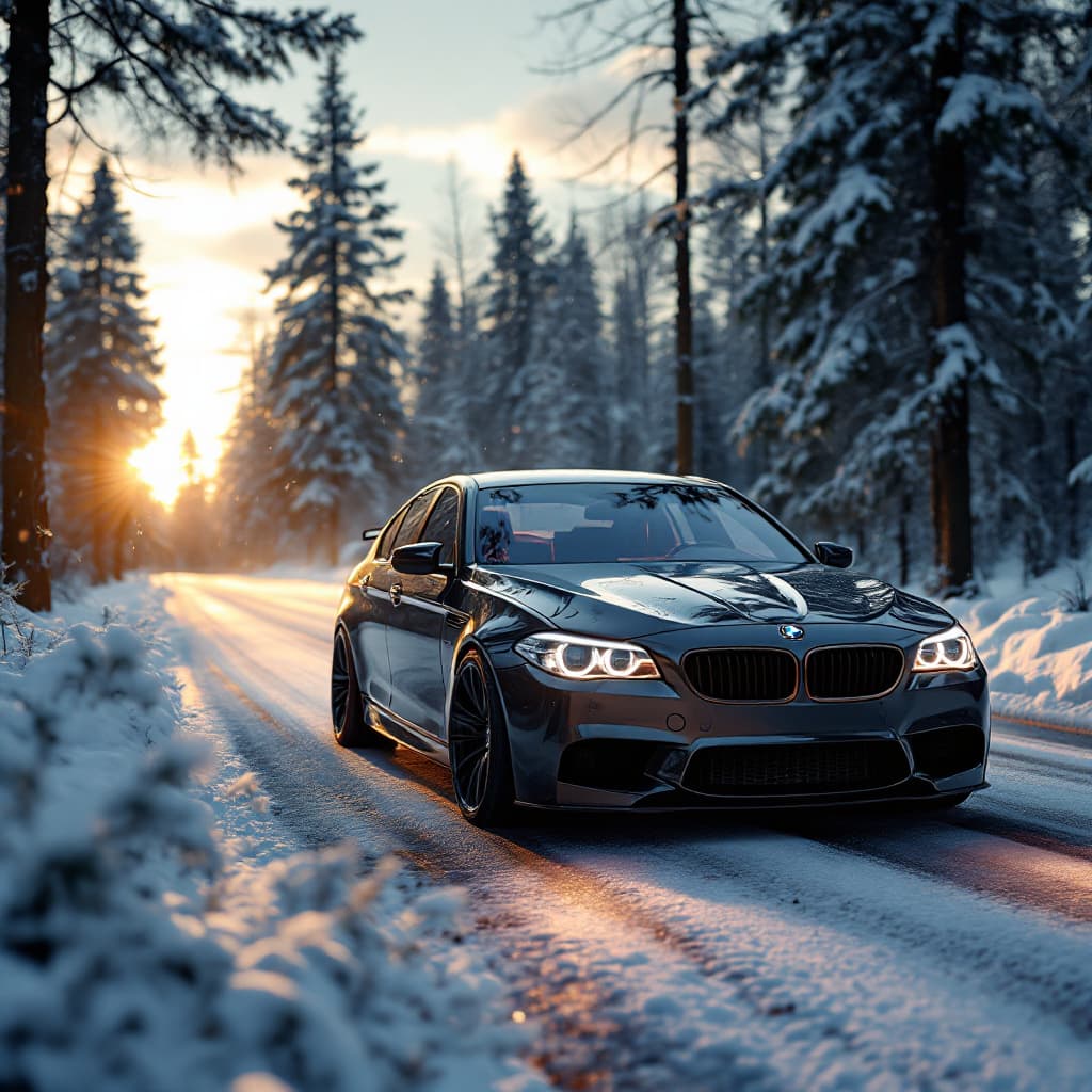 AI generated: Photo of a ultra realistic Dark Graphite Metallic BMW F10 535i M sport, bmw angel eyes, dramatic lig...