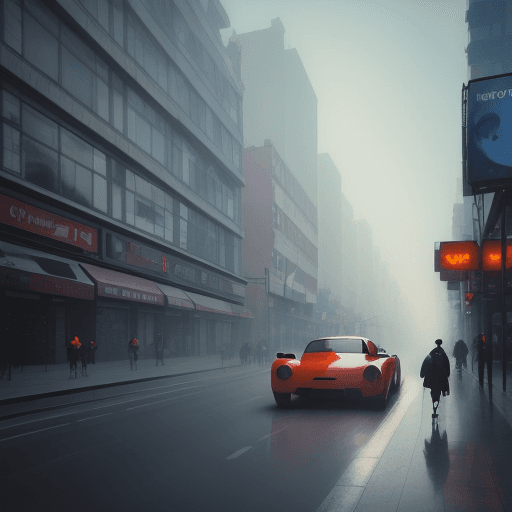 AI generated: a wide angle street level, a funky androgynous guy drives a poppy car on the streets of a big city, ...