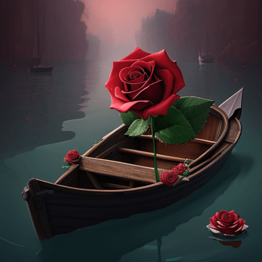 AI generated: A rose in a boat, floating in hell
