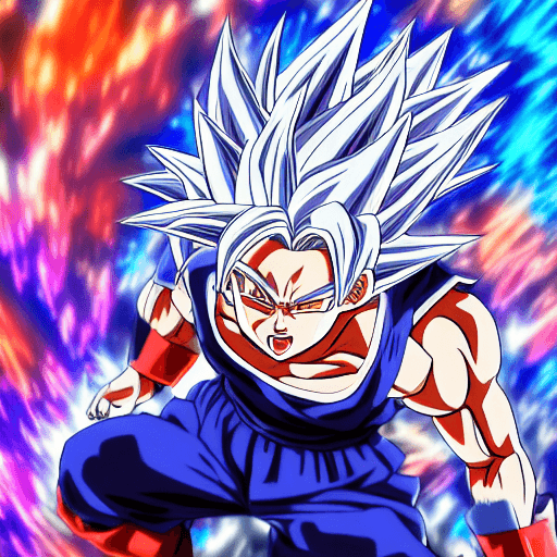 AI generated: anime style ultra instinct super saiyan, a girl,  magical sense, shoulder length messy hair , happy,...