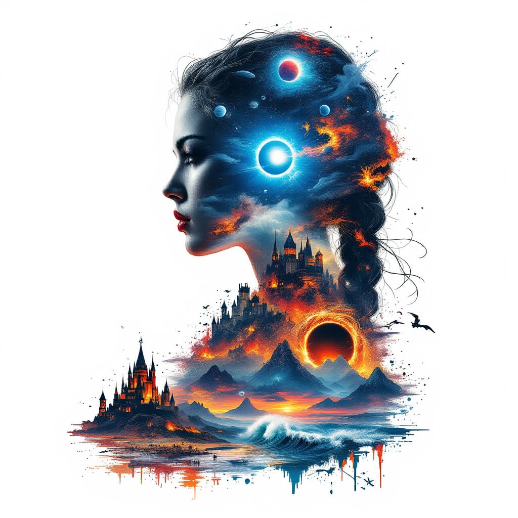 AI generated: A breathtaking double exposure illustration featuring a sinister silhouette of a corrupt women in br...