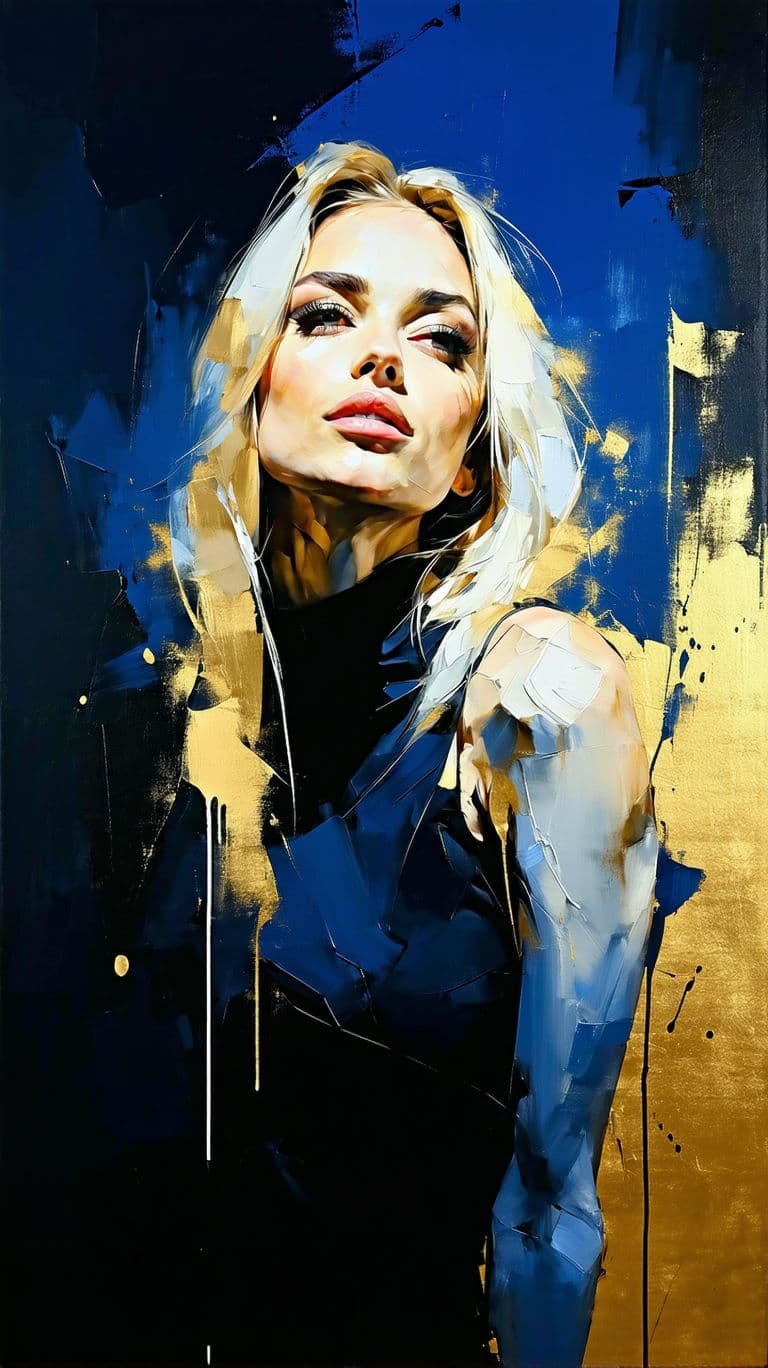 AI generated: a woman with long blonde hair head tilted up in multiple shade of blue ,gold, and black painting, in...