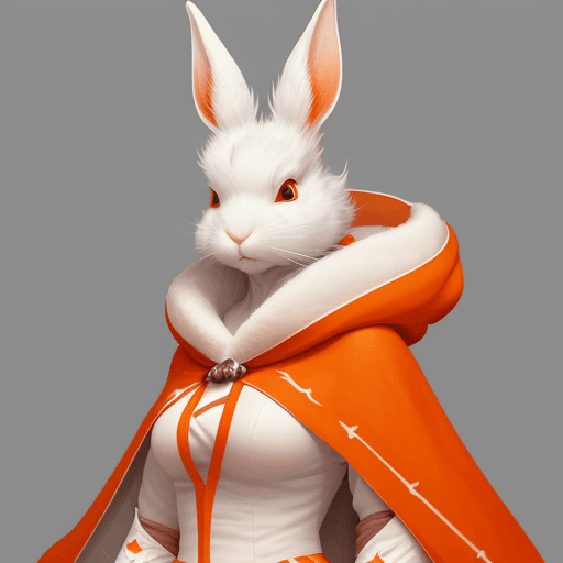 AI generated: art of a white furred rabbitfolk huntress. She has a black tipped ear and nose. She is wearing an or...