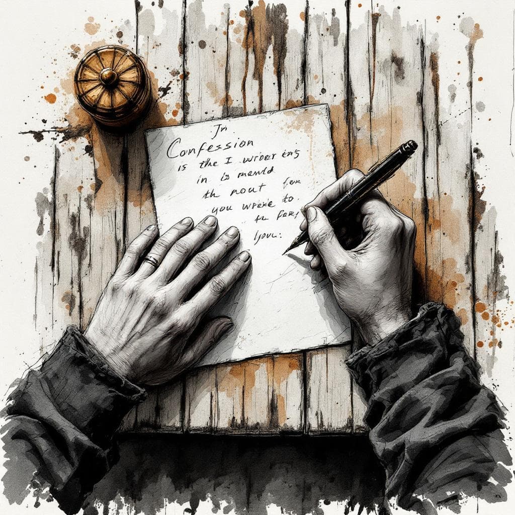 AI generated: Hands writing a confession letter with a fountain pen on a rustic wooden table. Rendered in a neo-ex...