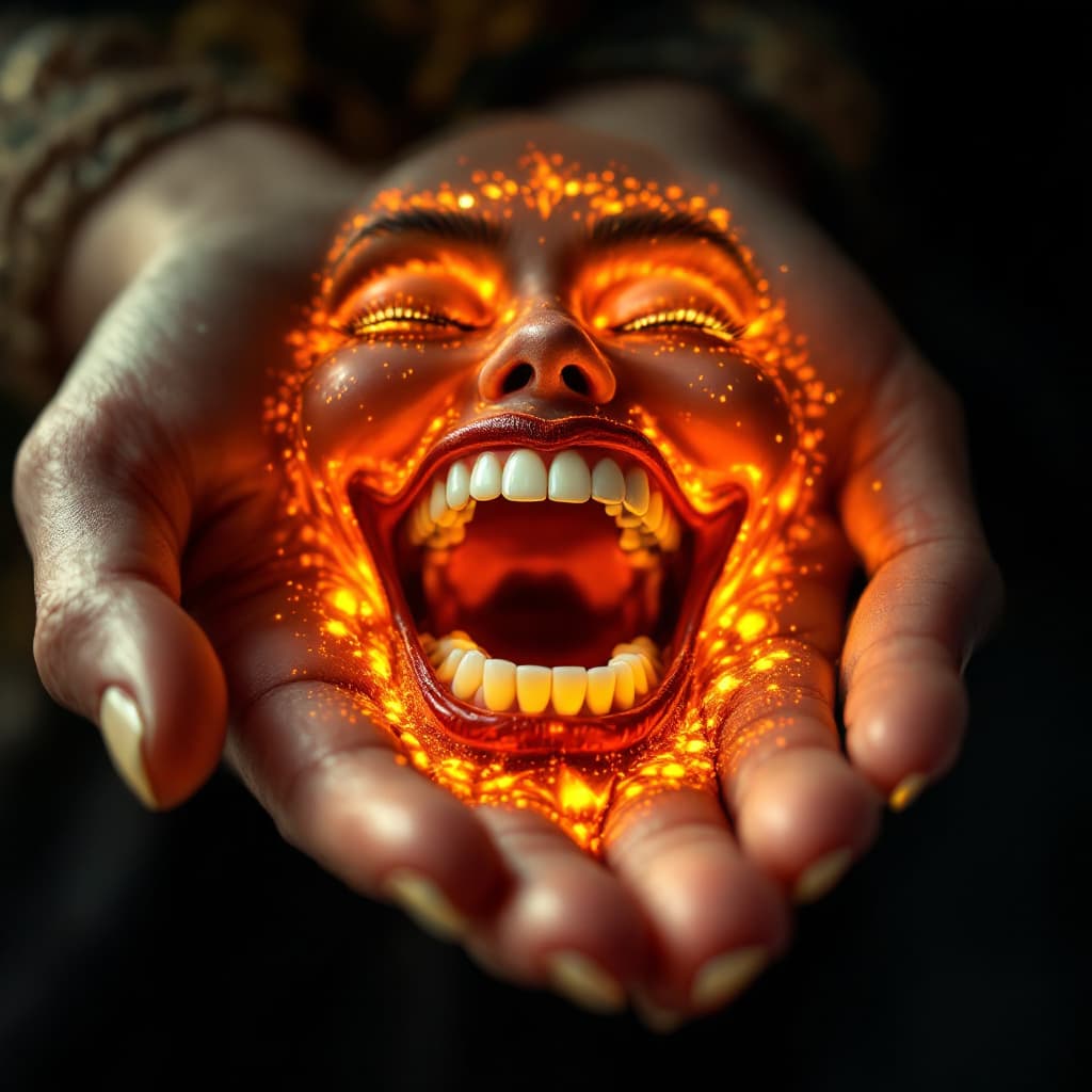 AI generated:  she is a laughing mouth on the palm. Beautiful patterns made of lava. funny, White teeth in the sty...