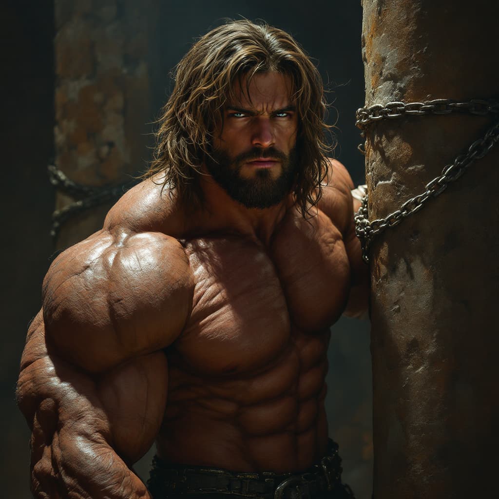 AI generated: photorealistic image of 21 year  old male superhero with bodybuilder muscles, with brown hair with l...