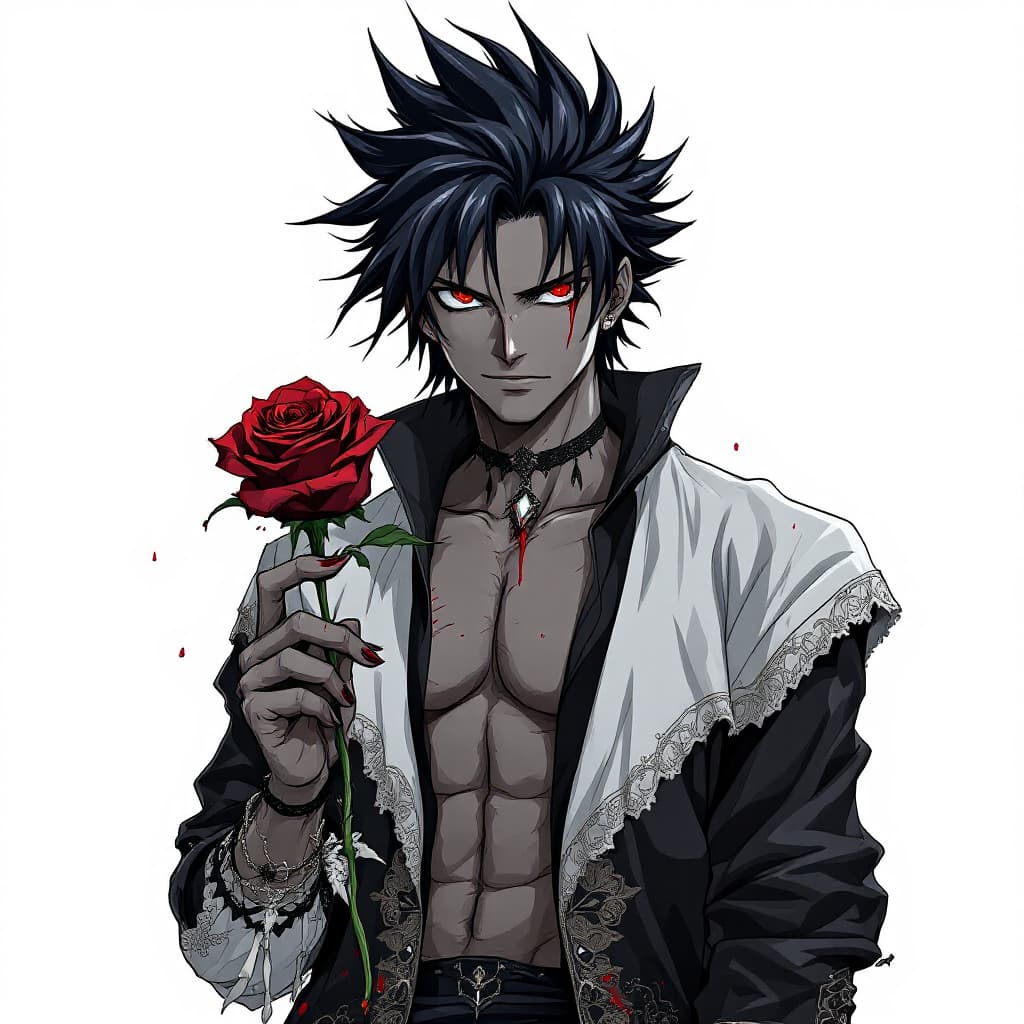 AI generated: a black male fairy tail hold a black rose with blood