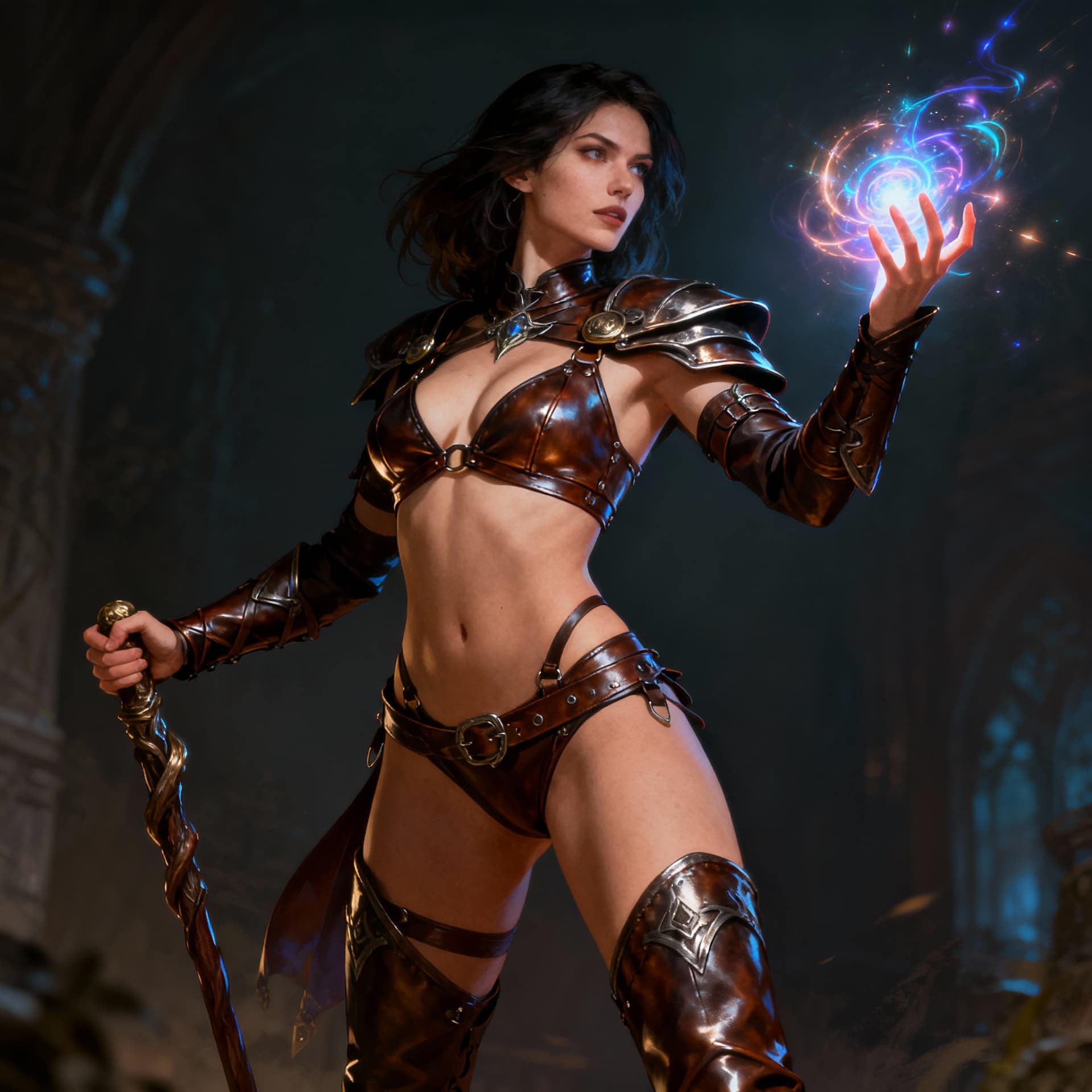 AI generated: full body portrait of a sexy female mage in leather bikini armor, in an evocative pose.

