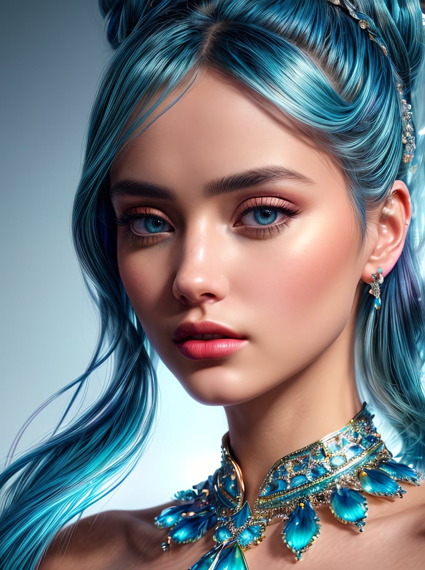 AI generated: An extremely gorgeous woman, with top knots full of cyan jewelers, delicate intricate iridescent det...