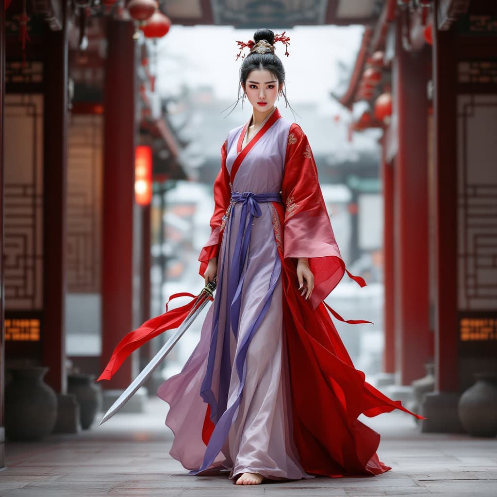 AI generated: full body view a Korean woman holding a large sword in front of her, in the style of light purple an...