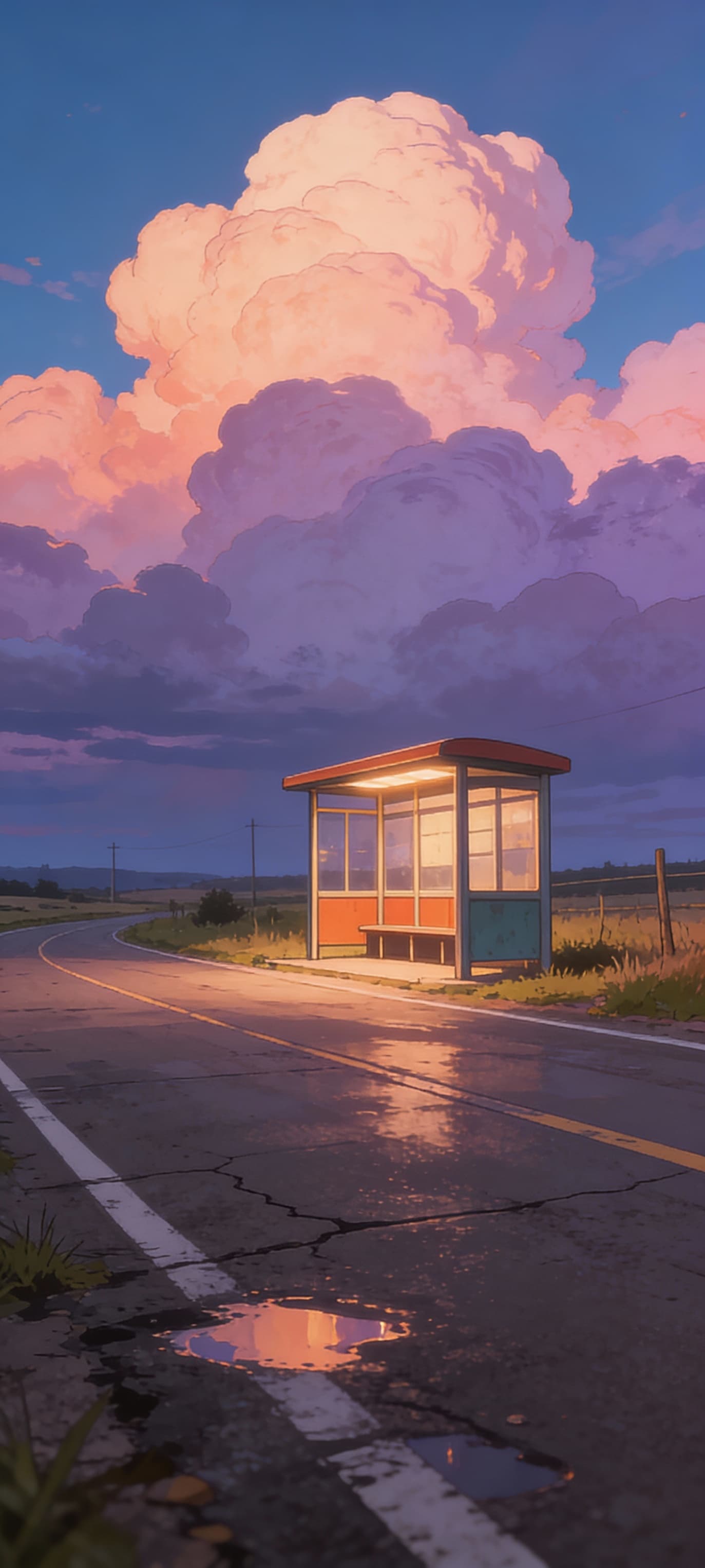 AI generated: illustration art, nostalgic, wide low-angle, small retro roadside busstop, warm orange and teal colo...