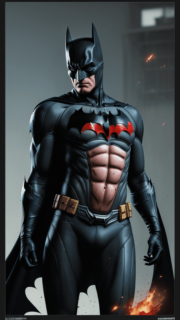 AI generated: Large COMIC border all round 16k portrait poster of the EVIL VANQUISHED BATMAN 2099, extremely detai...