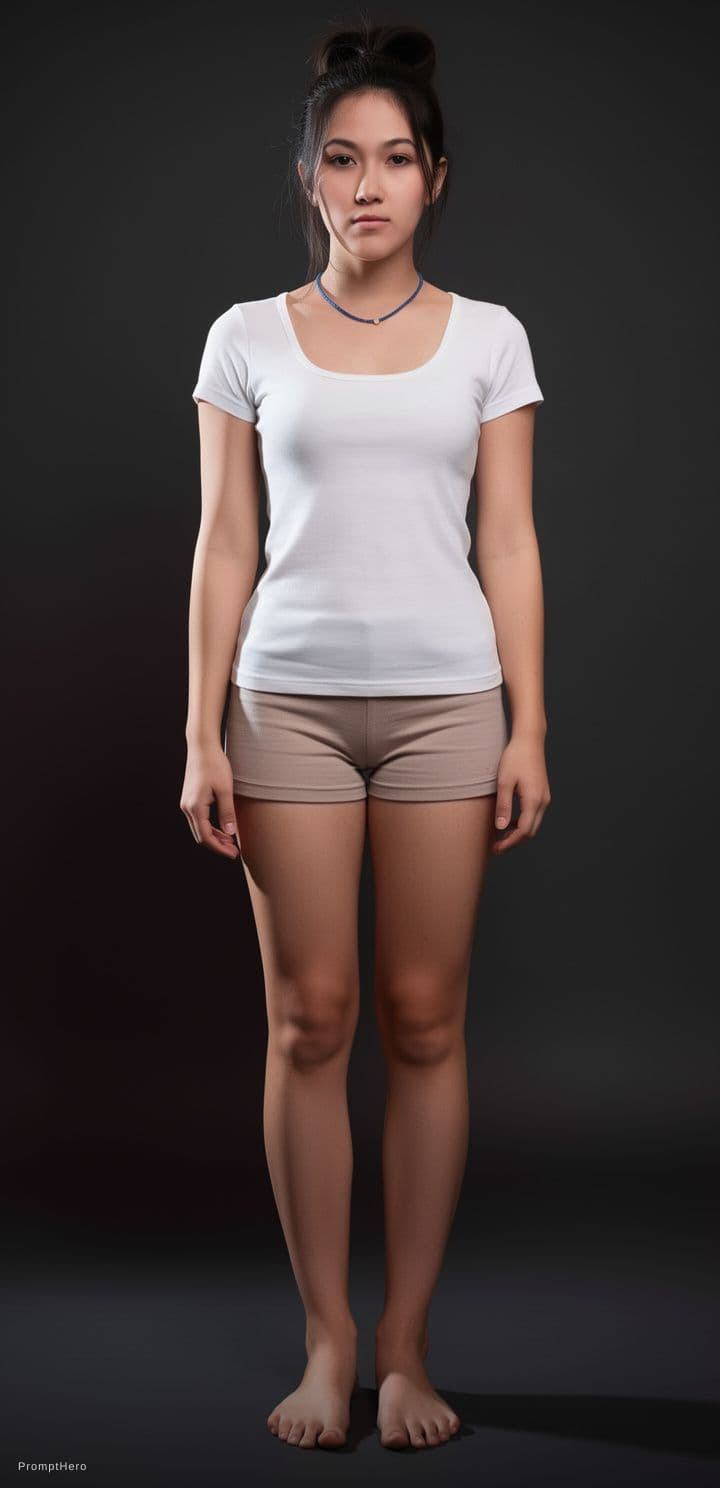 AI generated: A hyper-realistic, ultra-detailed full-body front-view depiction of Keeley Hazell with no expression...