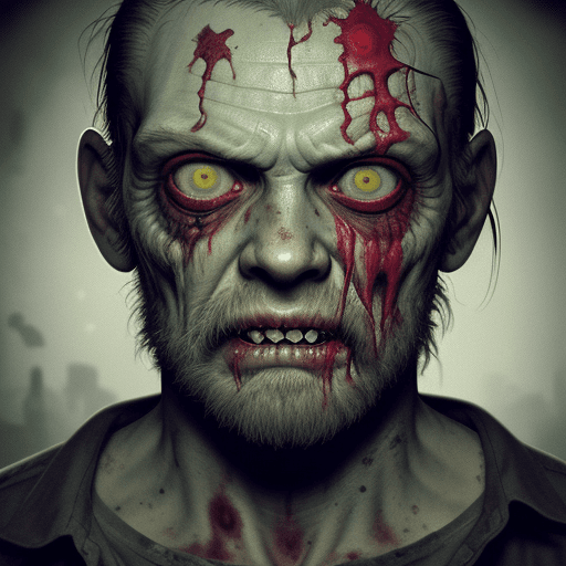 AI generated: cinematic still portrait, filmed by George A. Romero, hiper realistic deranged zombie zombie man sta...