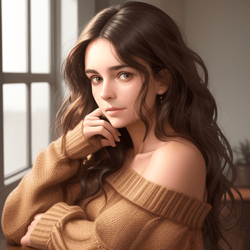 AI generated: IMG_1025.HEIC A woman with wavy dark brown hair, wearing an off-shoulder oversized brown knit sweate...