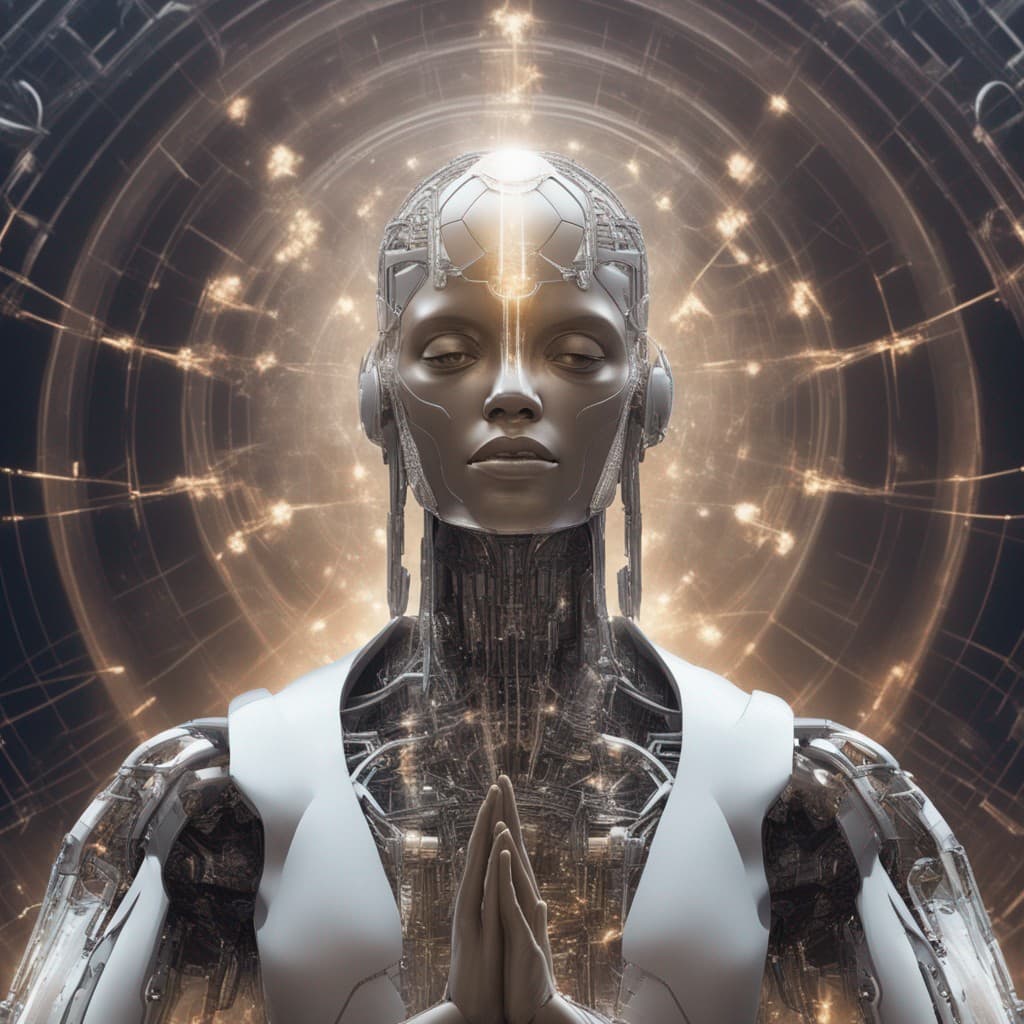 AI generated: a Generative robotic AI prophet worshipping LLM, futuristic high-tech spiritualism, Its core beliefs...