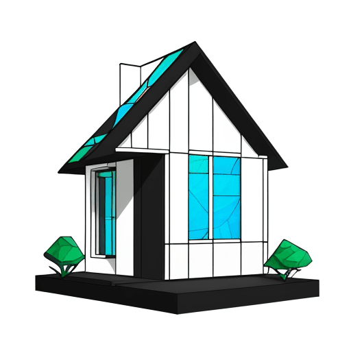 AI generated: stained glass tiffany, Front view of a 60s tiny house facade in a flat, minimalist, and clean vector...