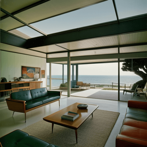 AI generated: Hyper realistic eye level interior photo of a mid century modern style house overlooking the ocean, ...
