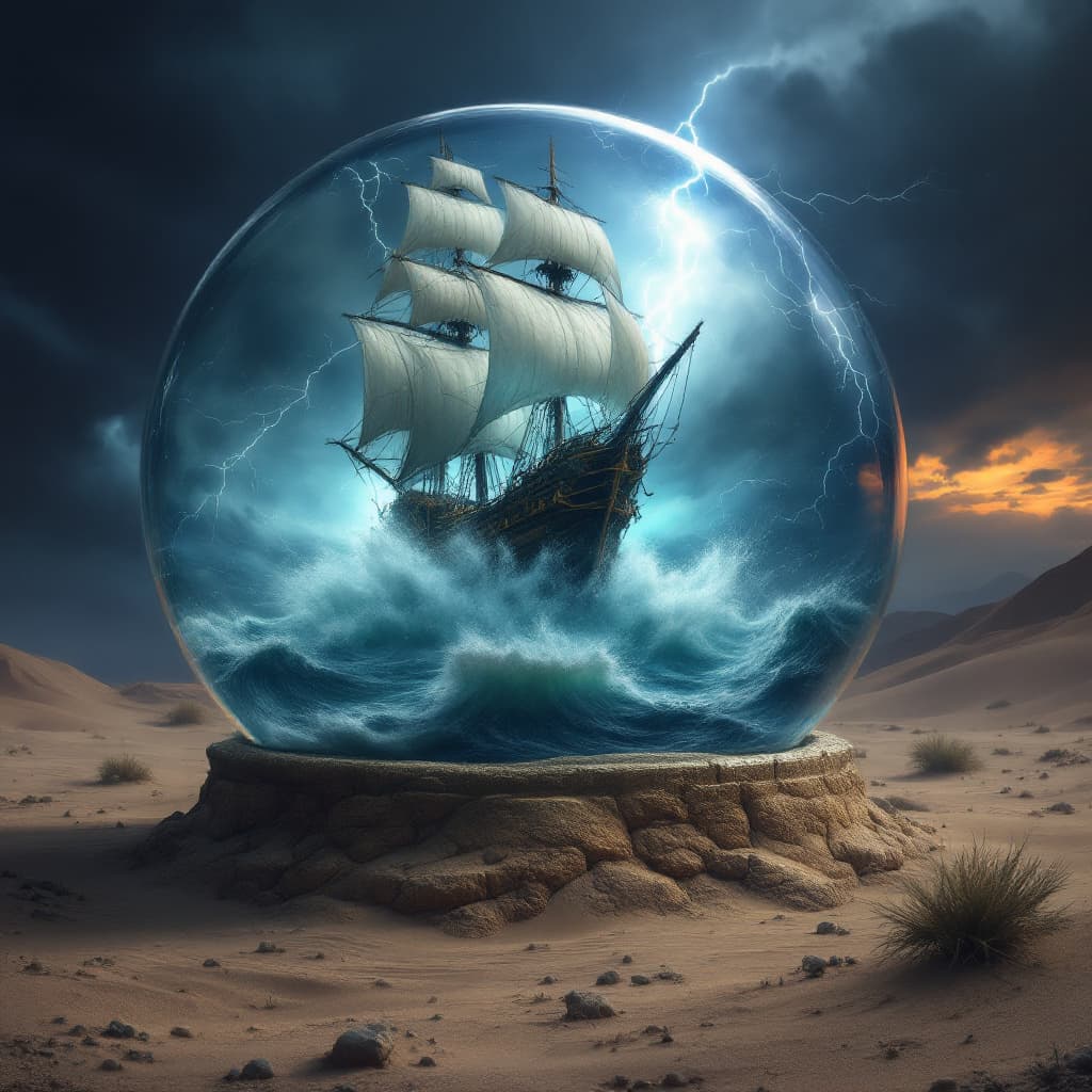 AI generated: snow globe (shaped like a cube) , on the desert floor, there is a monstrous storm inside with a gall...