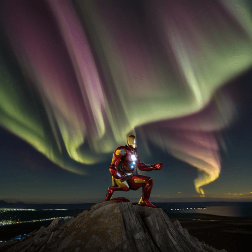 AI generated: ironman on a mountain with sea and northern lights background
