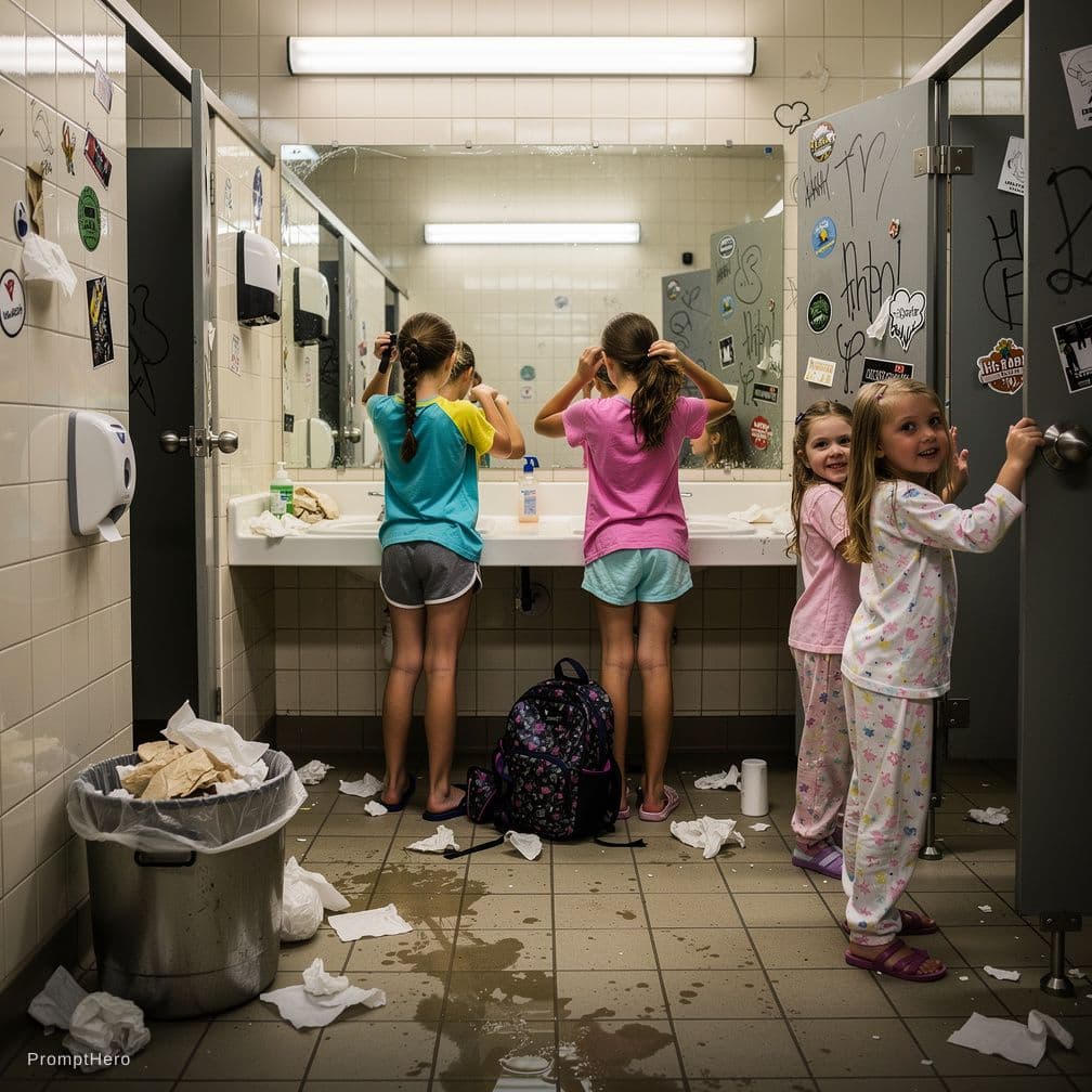 AI generated: in a messy girls toilet room. Two junior school girls wearing cute shorts and bras standing in front...
