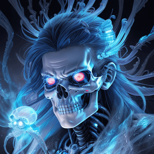 AI generated: blue eyes, ice crystals in hair, big eyes, blue hair, dynamic lighting, Terminator, cyborg, evil, in...