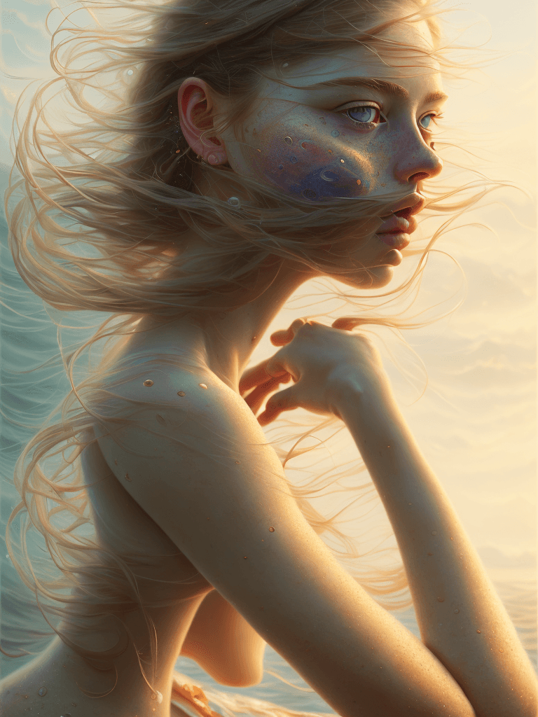 AI generated: sea breeze, golden hour, freckles, natural skin, perfect face, character portrait, complex, canvas, ...