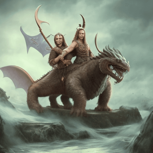 AI generated: 2 cute viking women are riding dragons