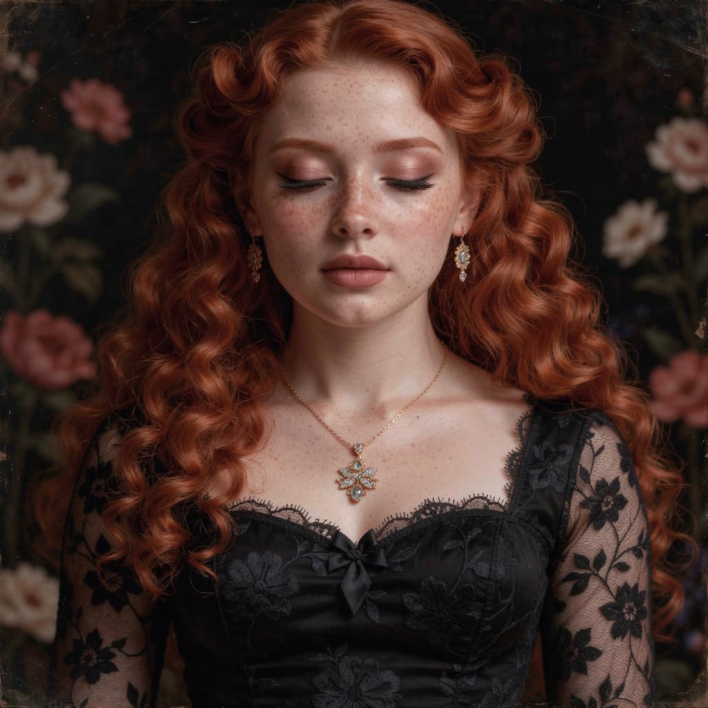 AI generated: A close-up portrait of a woman with long curly red hair, eyes closed, and freckled skin, wearing a l...