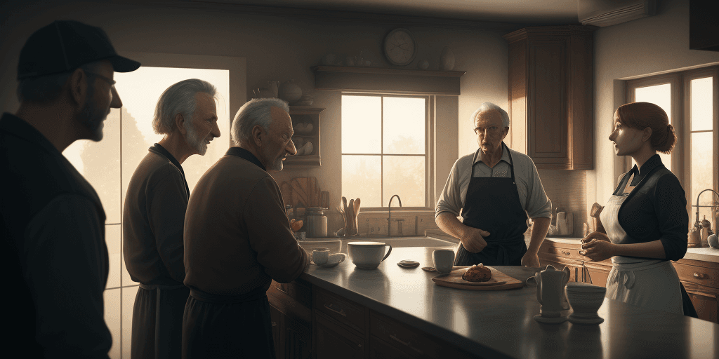 AI generated: A man talking to his sister and father in the kitchen. cinematic, hyper realism, high detail, hd , 8...