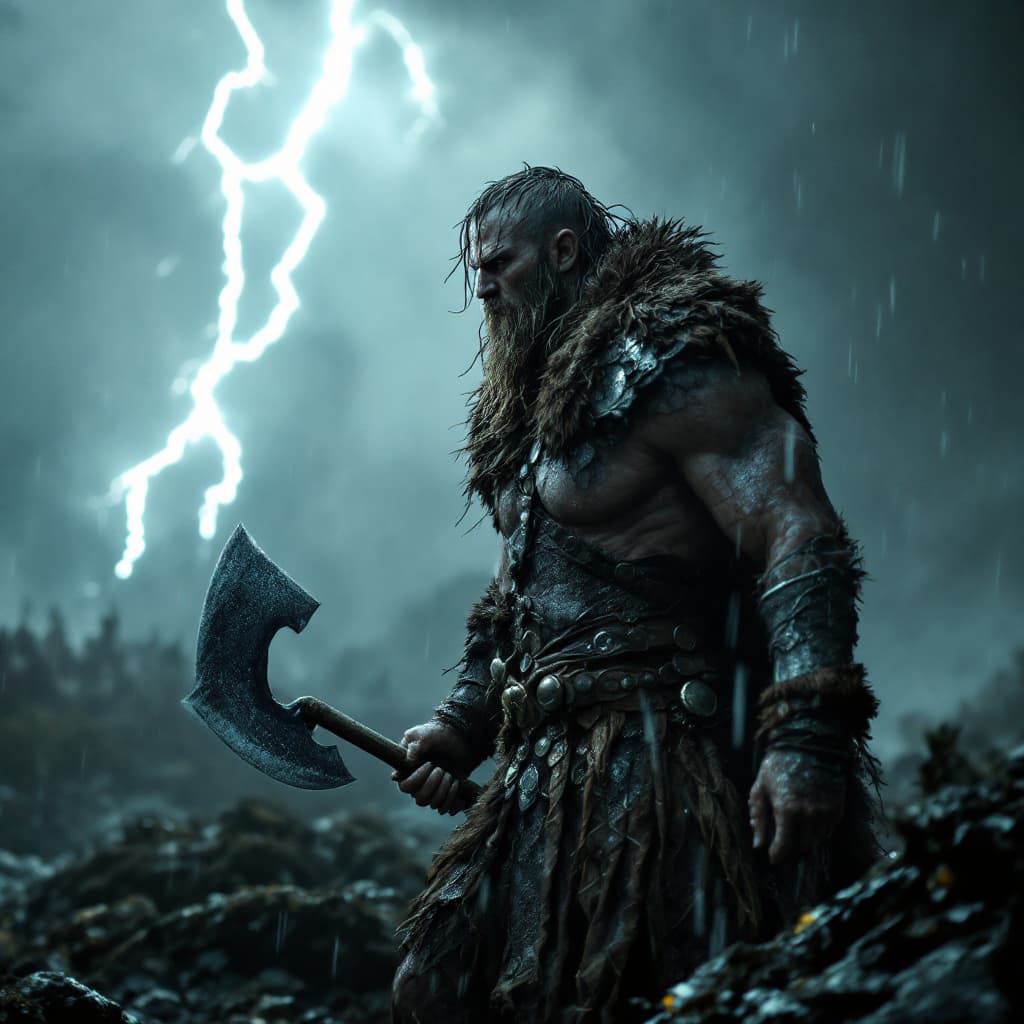 AI generated: A Viking warrior on a stormy battlefield, holding a massive axe, his fur cloak drenched in rain, thu...