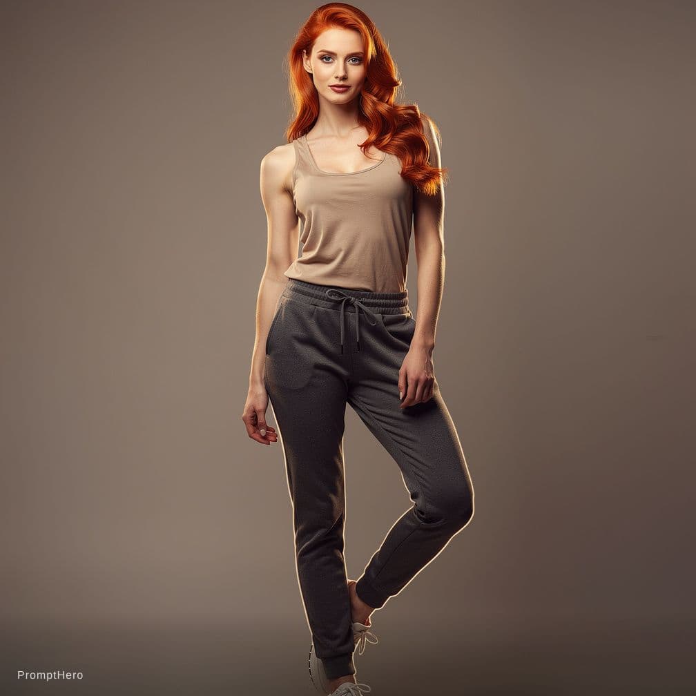 AI generated: red-haired woman with a slim frame and massive plump ass, wearing tight dark grey sweatpants that hu...